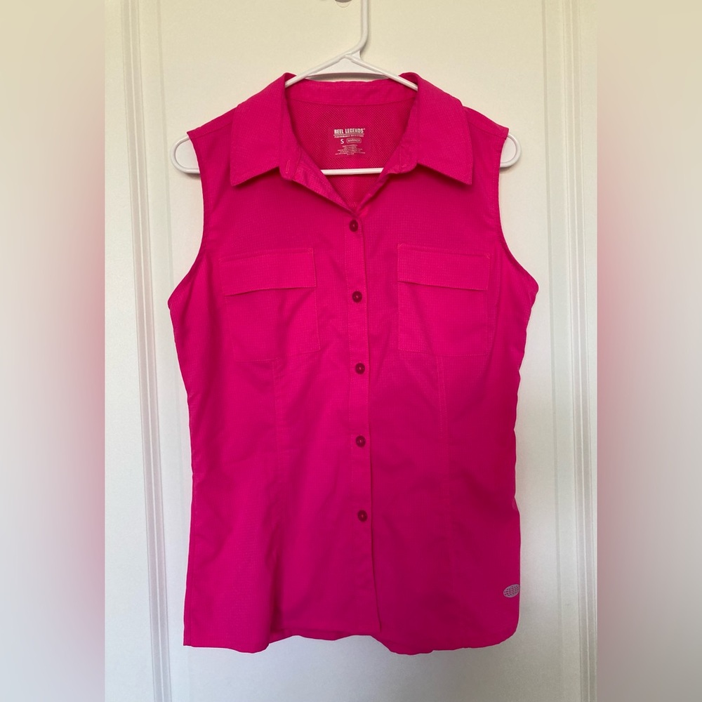 Reel Legends Mariner Bright Pink Button Down Sleeveless Top Women’s Small